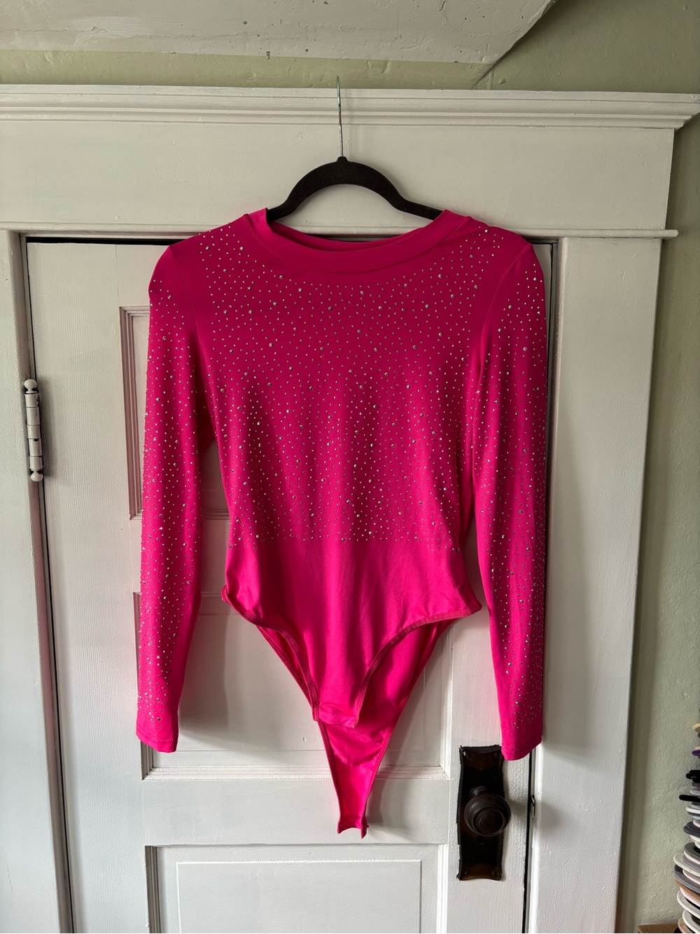 Hot Pink Long Sleeve Rhinestone One-Piece